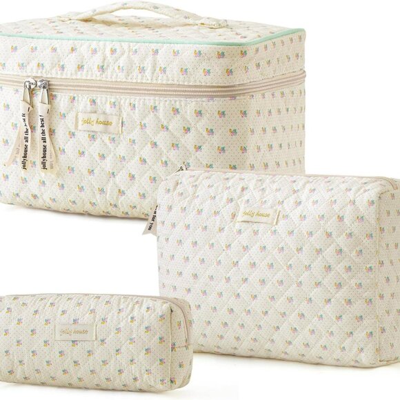 Handbags - Quilted Makeup Bag, 3PCS Cotton Large Travel Makeup Bag, Cute Floral Coquette Ma